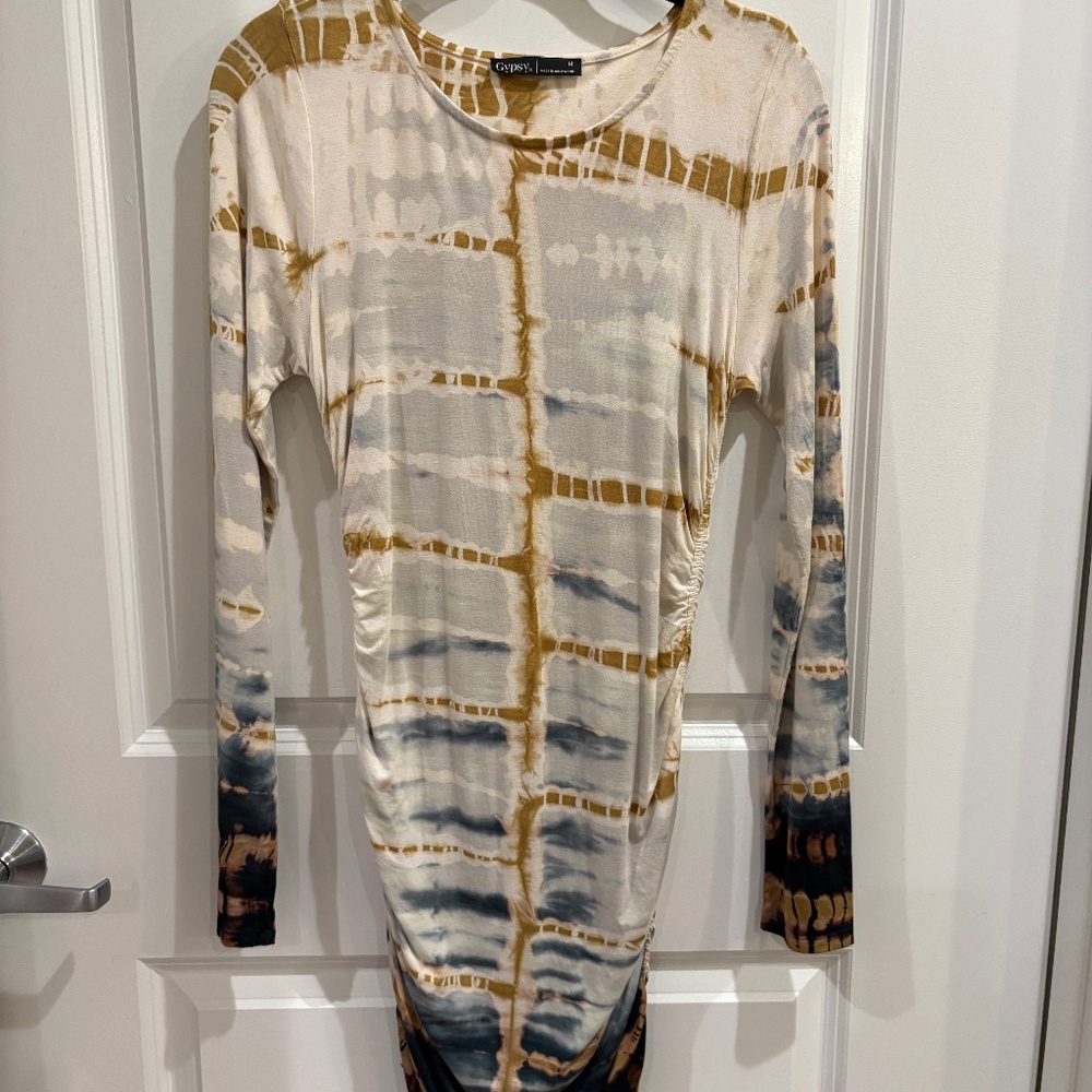 Gypsy 05 Tie Dye Cream/Blue Mini Dress Fitted Long Sleeve Rushed Sides